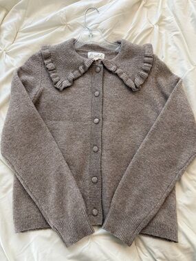 Marled Ruffle-Collar Button-Front Cardigan - XS, Taupe - NWOT